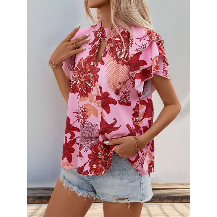 Ruffled Printed Round Neck Short Sleeve Blouse Apparel and Accessories