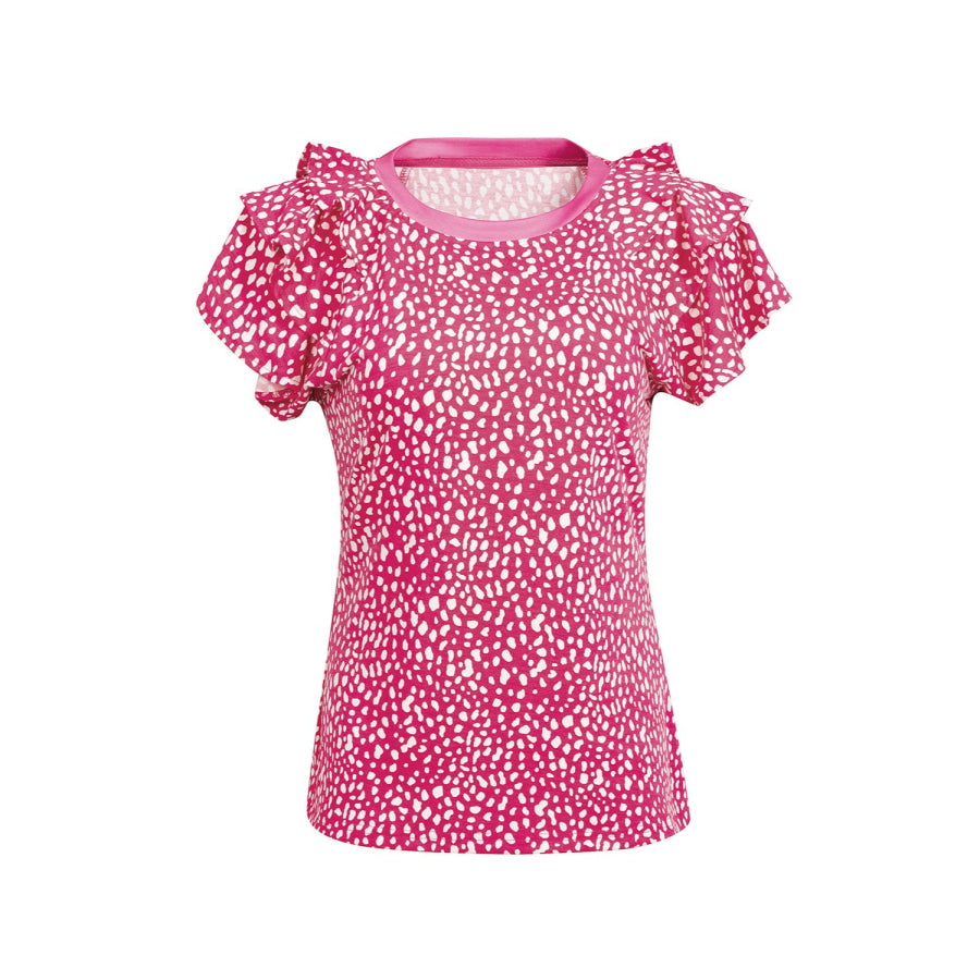 Ruffled Printed Round Neck Short Sleeve Blouse Apparel and Accessories