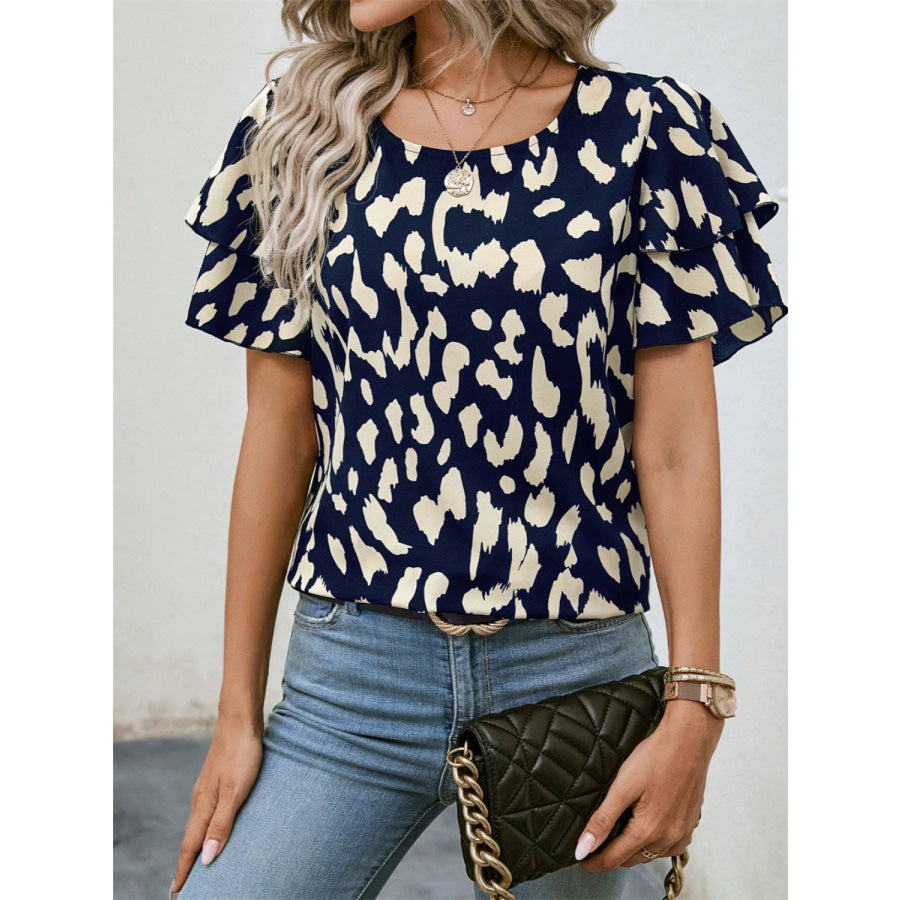 Ruffled Printed Round Neck Short Sleeve Blouse Apparel and Accessories