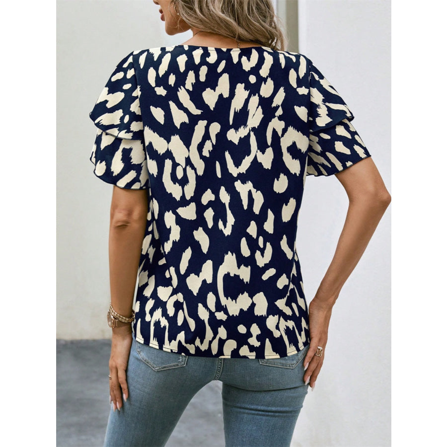 Ruffled Printed Round Neck Short Sleeve Blouse Apparel and Accessories