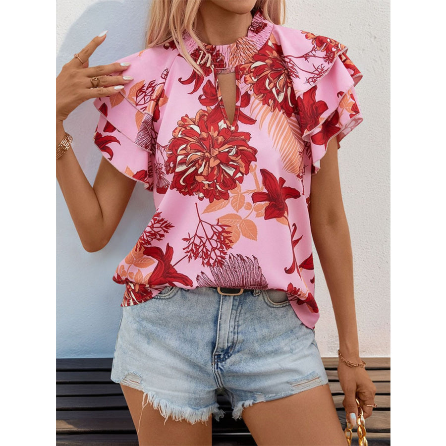 Ruffled Printed Round Neck Short Sleeve Blouse Apparel and Accessories