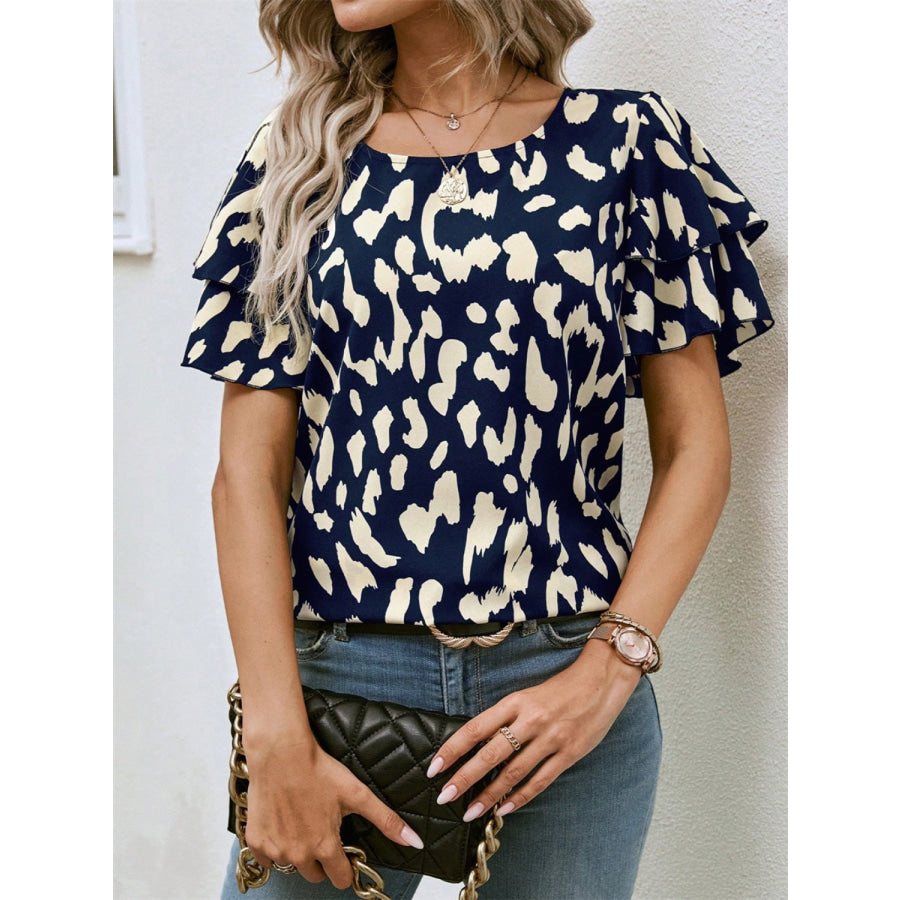 Ruffled Printed Round Neck Short Sleeve Blouse Apparel and Accessories