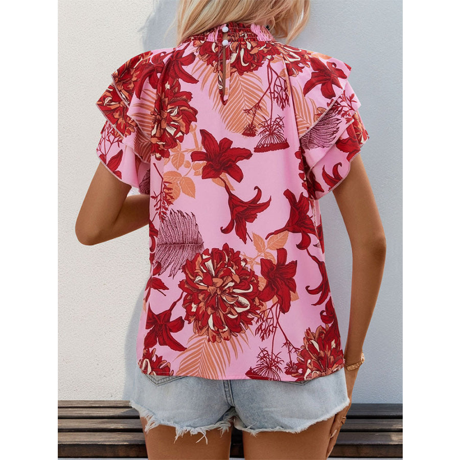 Ruffled Printed Round Neck Short Sleeve Blouse Apparel and Accessories