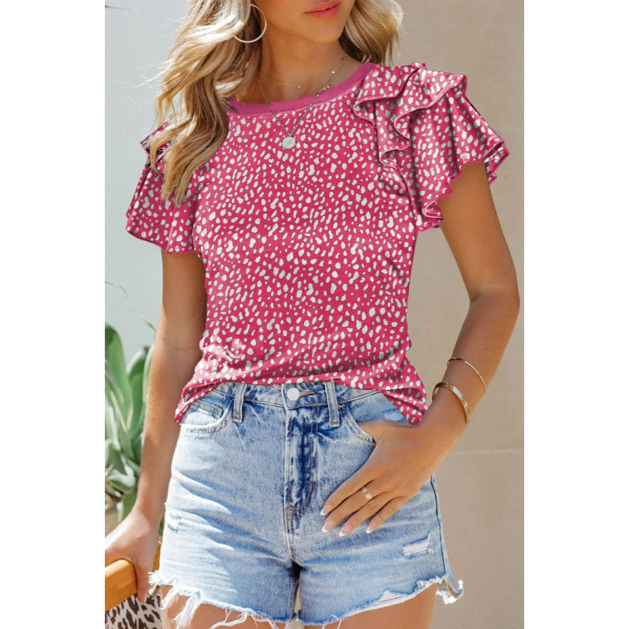 Ruffled Printed Round Neck Short Sleeve Blouse Hot Pink / S Apparel and Accessories