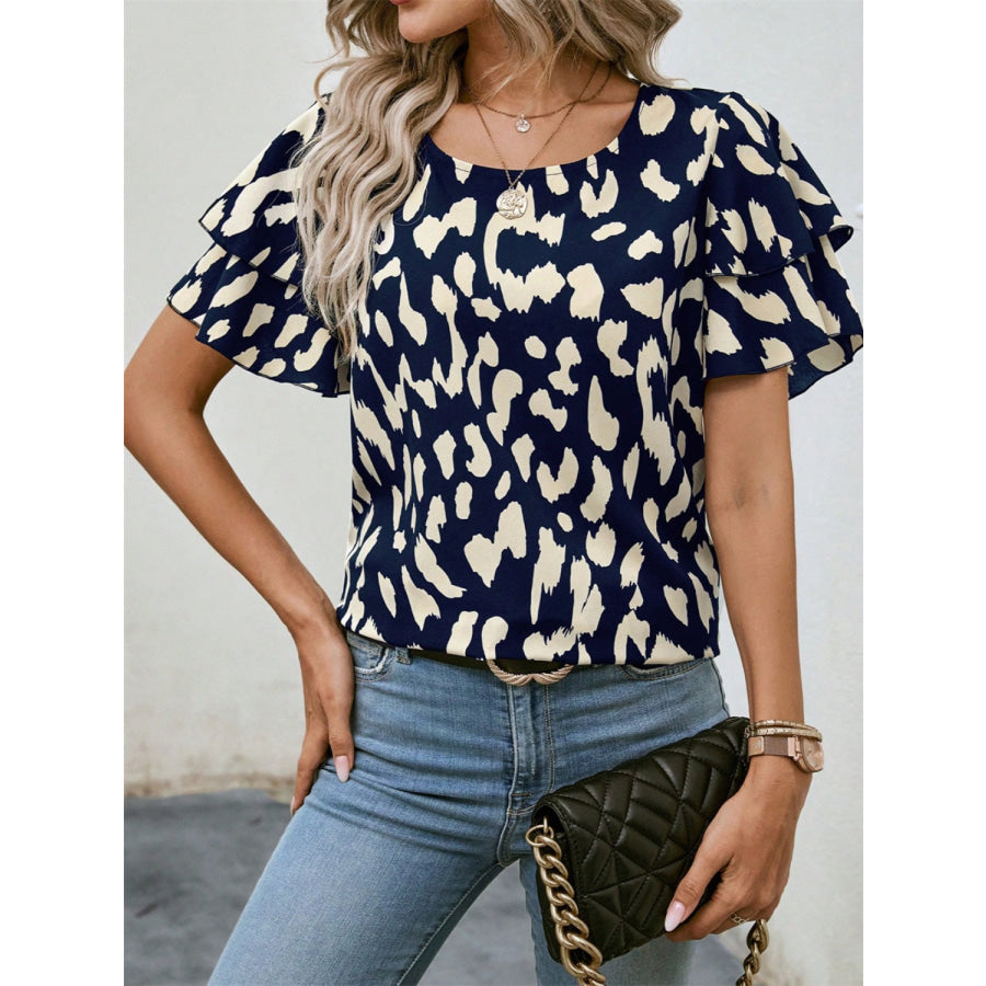 Ruffled Printed Round Neck Short Sleeve Blouse Navy / S Apparel and Accessories