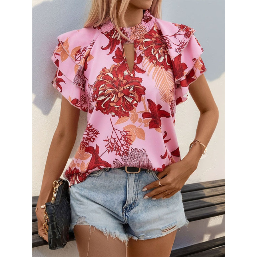 Ruffled Printed Round Neck Short Sleeve Blouse Pink / S Apparel and Accessories