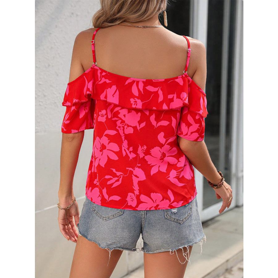 Ruffled Printed Short Sleeve Blouse Apparel and Accessories