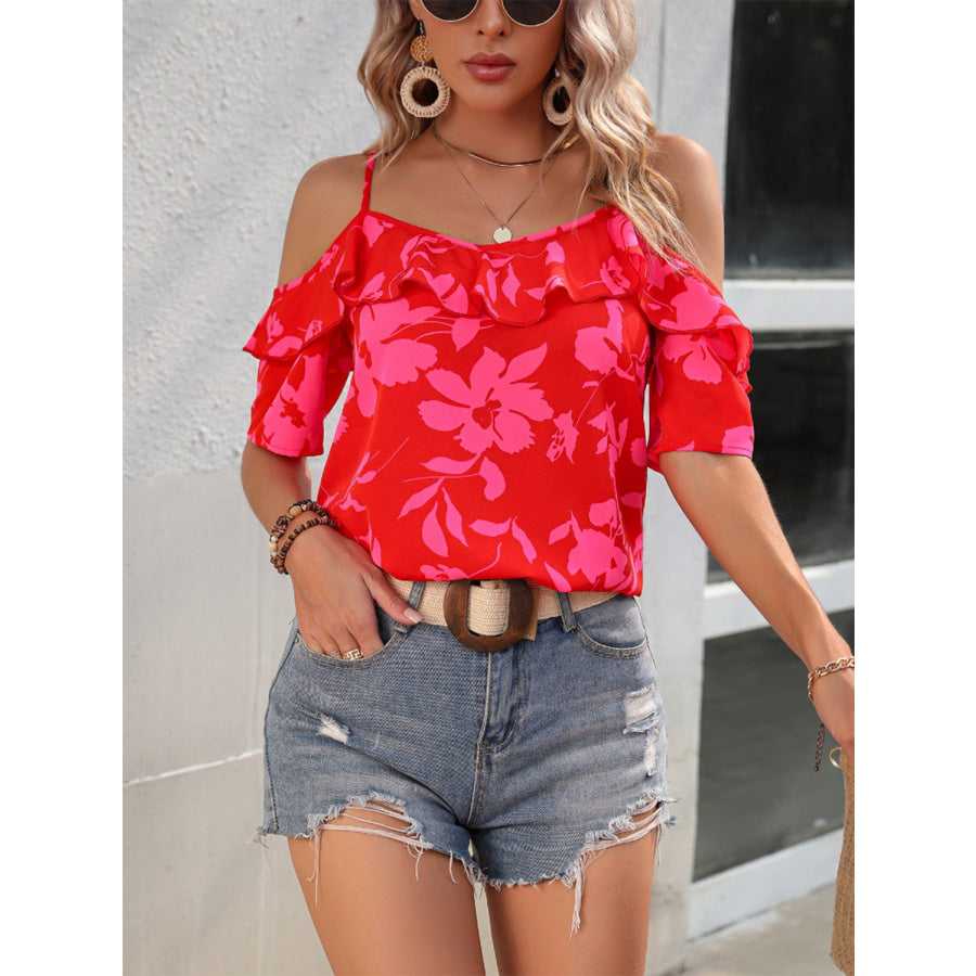 Ruffled Printed Short Sleeve Blouse Apparel and Accessories