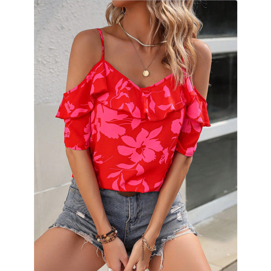 Ruffled Printed Short Sleeve Blouse Apparel and Accessories