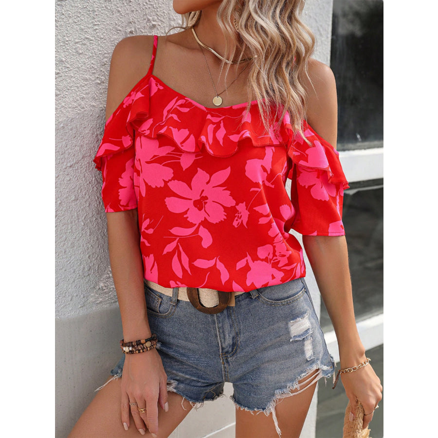 Ruffled Printed Short Sleeve Blouse Apparel and Accessories