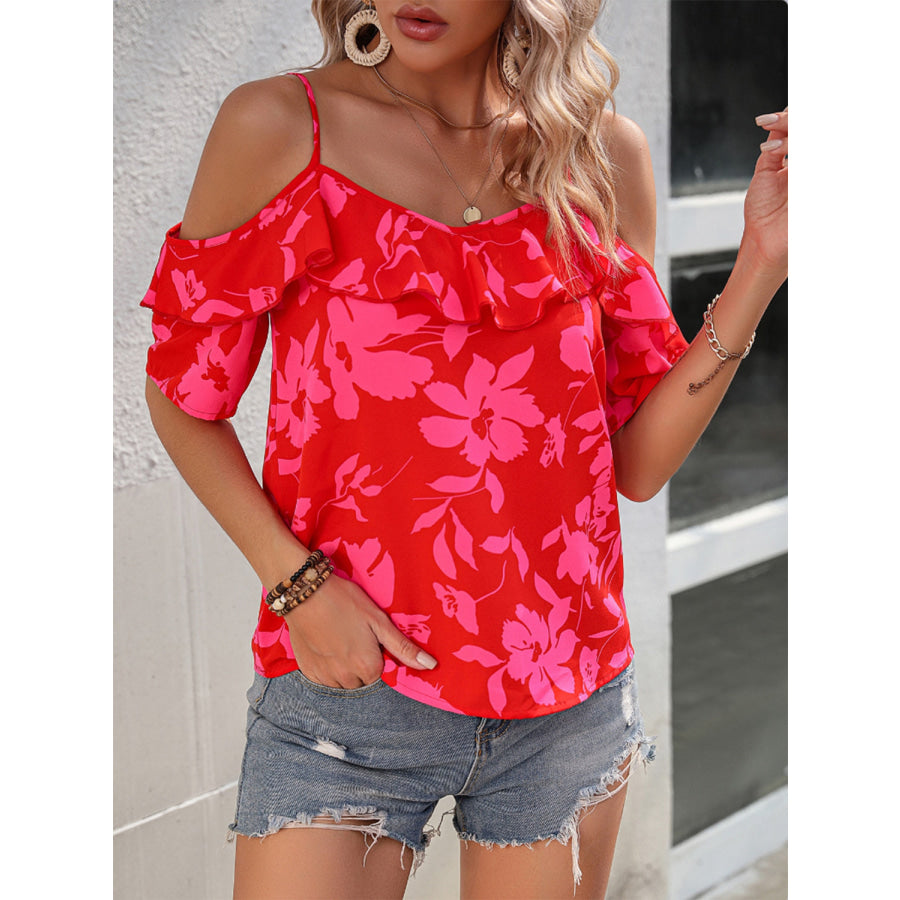 Ruffled Printed Short Sleeve Blouse Apparel and Accessories