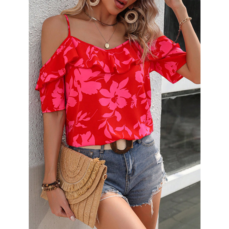 Ruffled Printed Short Sleeve Blouse Red / S Apparel and Accessories