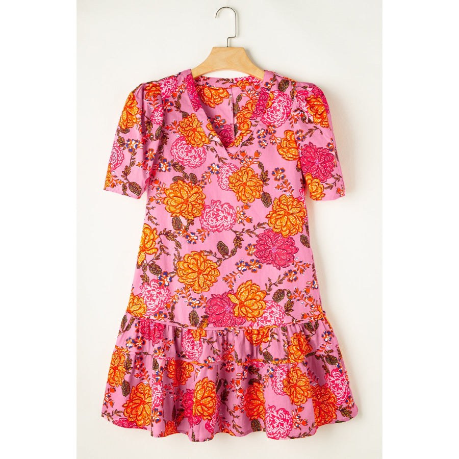 Ruffled Printed Short Sleeve Mini Dress Blush Pink / S Apparel and Accessories