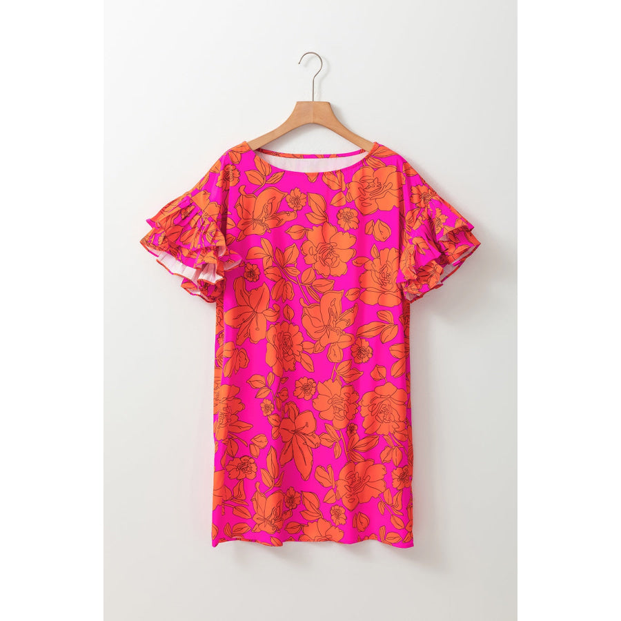 Ruffled Printed Short Sleeve Mini Dress Hot Pink / S Apparel and Accessories