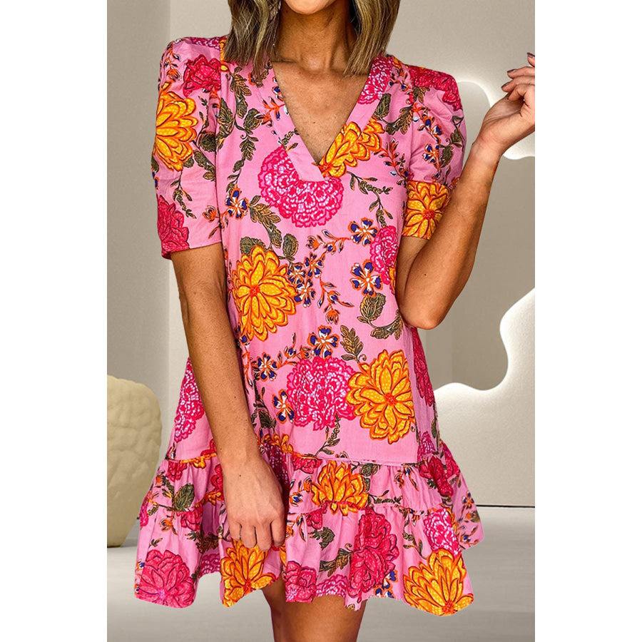 Ruffled Printed Short Sleeve Mini Dress Blush Pink / S Apparel and Accessories