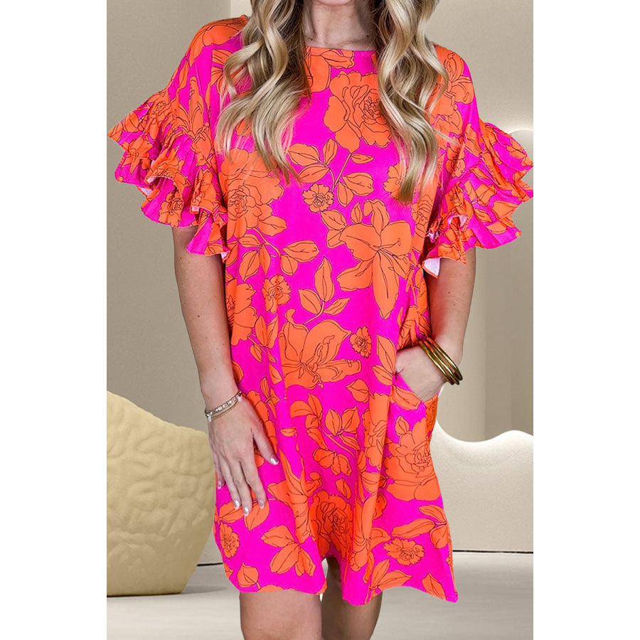 Ruffled Printed Short Sleeve Mini Dress Hot Pink / S Apparel and Accessories