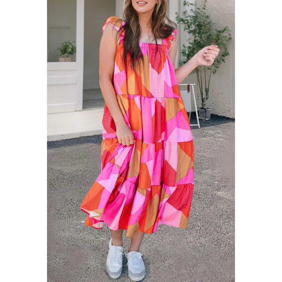 Ruffled Printed Sleeveless Midi Dress Hot Pink / S Apparel and Accessories