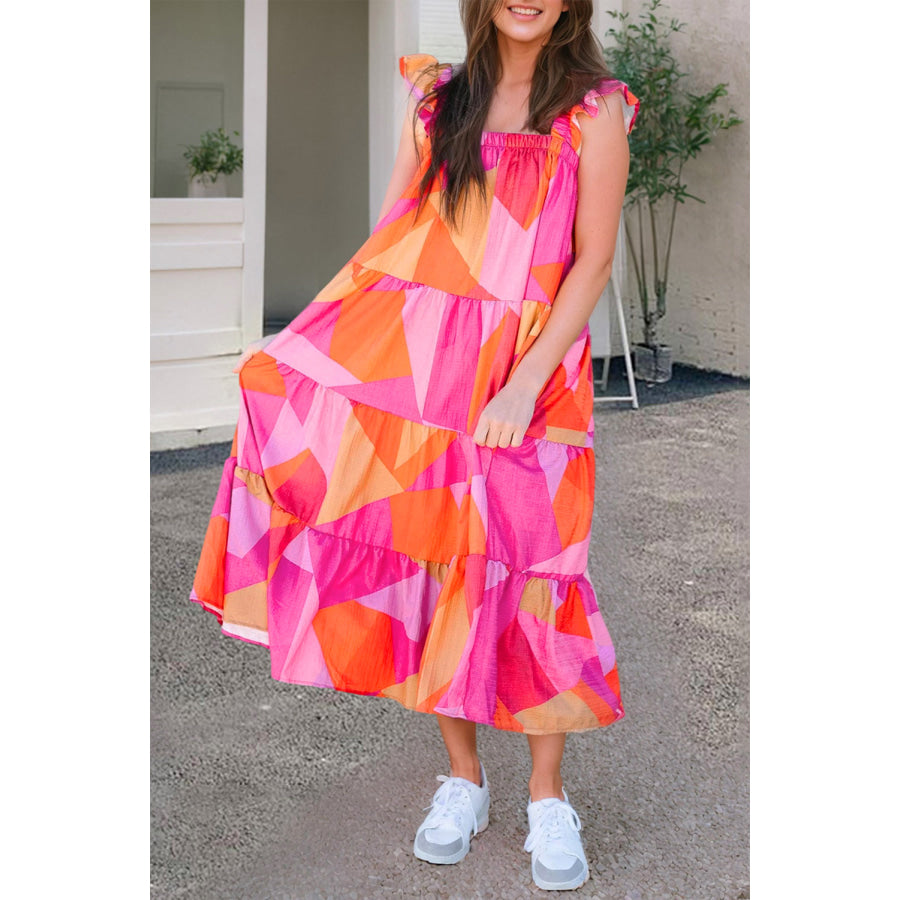 Ruffled Printed Sleeveless Midi Dress Hot Pink / S Apparel and Accessories