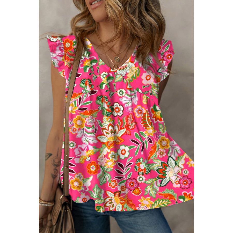 Ruffled Printed Surplice Cap Sleeve Blouse Apparel and Accessories