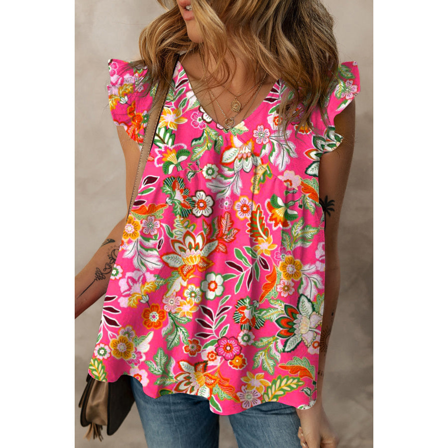 Ruffled Printed Surplice Cap Sleeve Blouse Apparel and Accessories