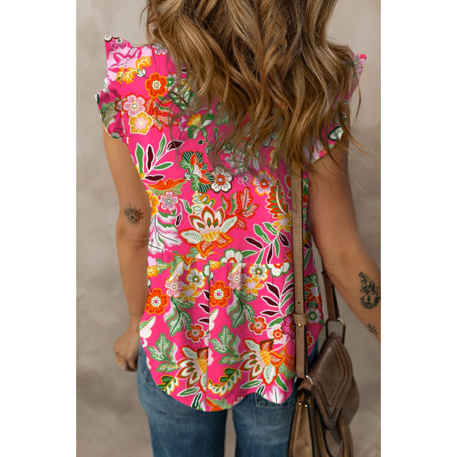 Ruffled Printed Surplice Cap Sleeve Blouse Apparel and Accessories