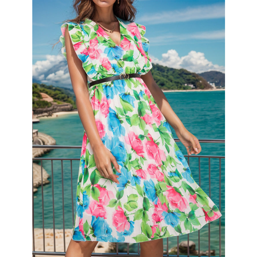 Ruffled Printed Surplice Cap Sleeve Dress Apparel and Accessories