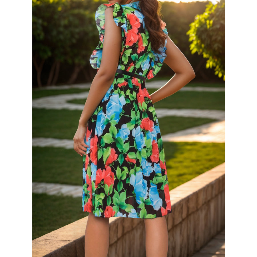 Ruffled Printed Surplice Cap Sleeve Dress Apparel and Accessories