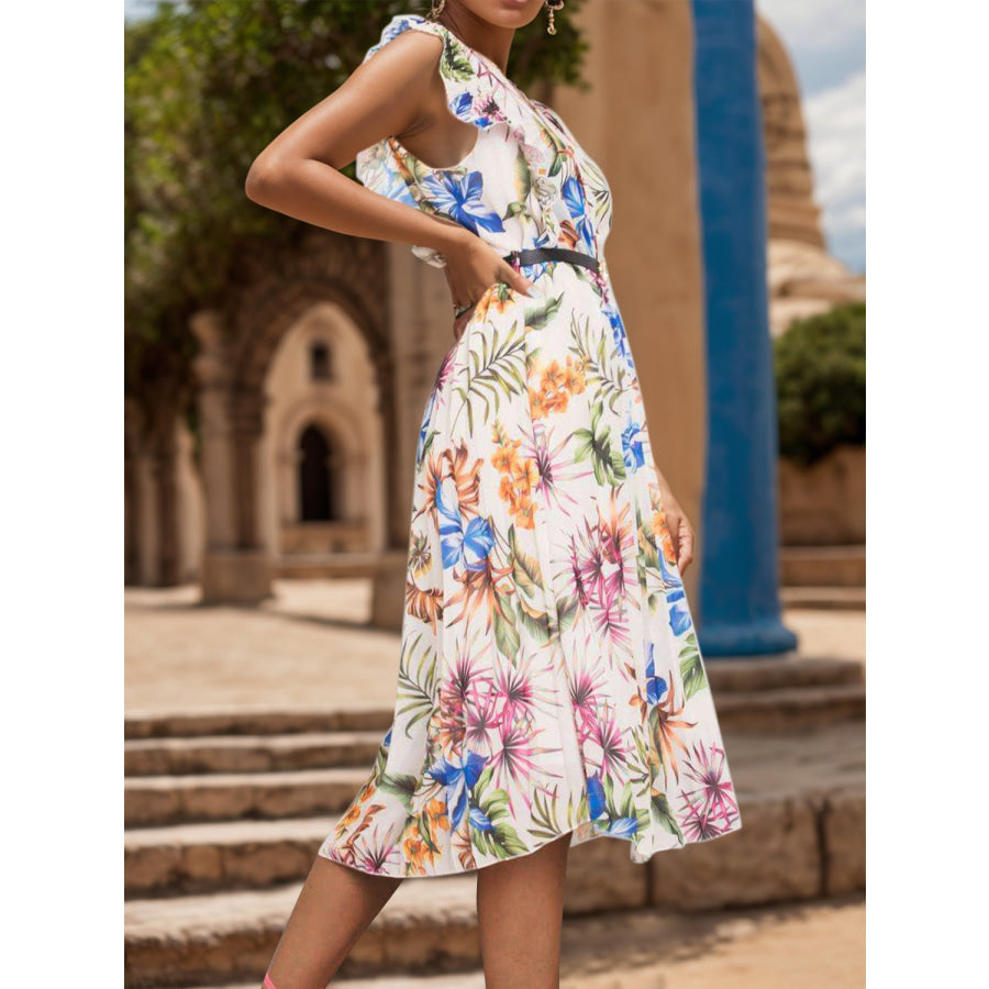 Ruffled Printed Surplice Cap Sleeve Dress Apparel and Accessories