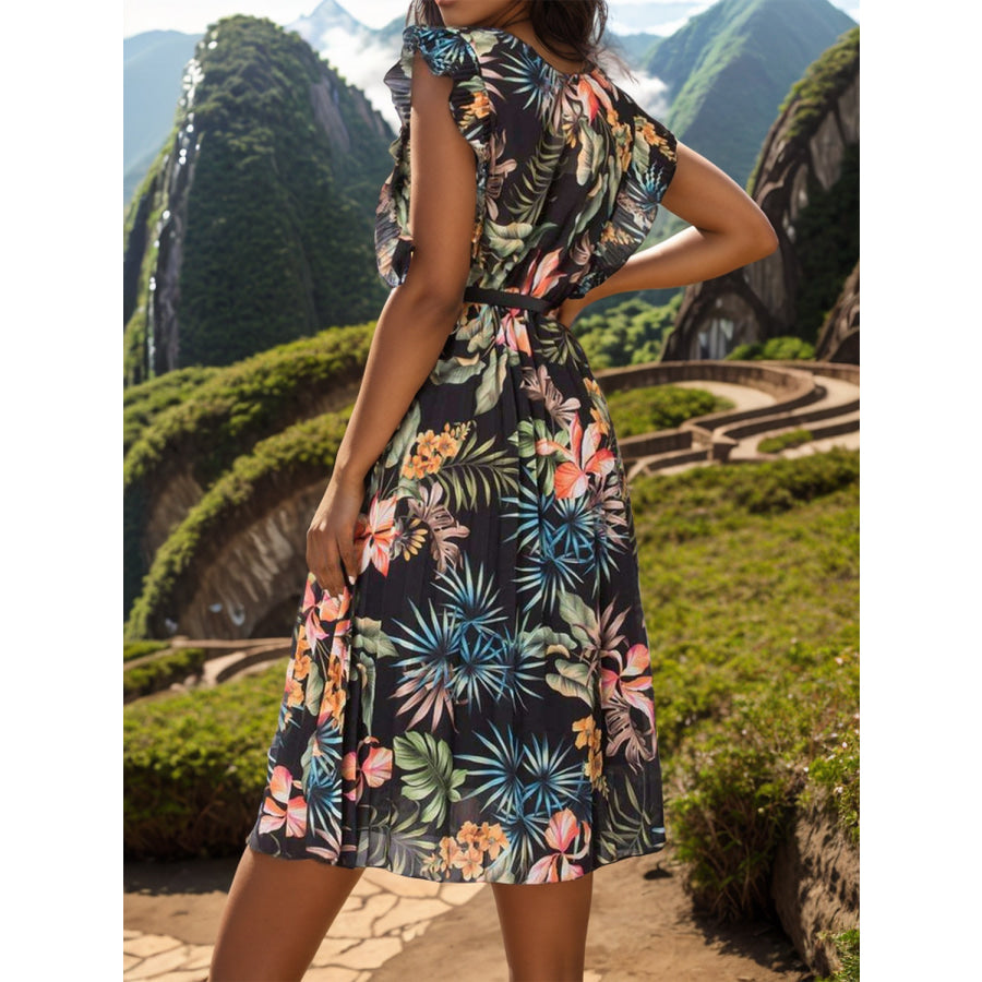 Ruffled Printed Surplice Cap Sleeve Dress Apparel and Accessories