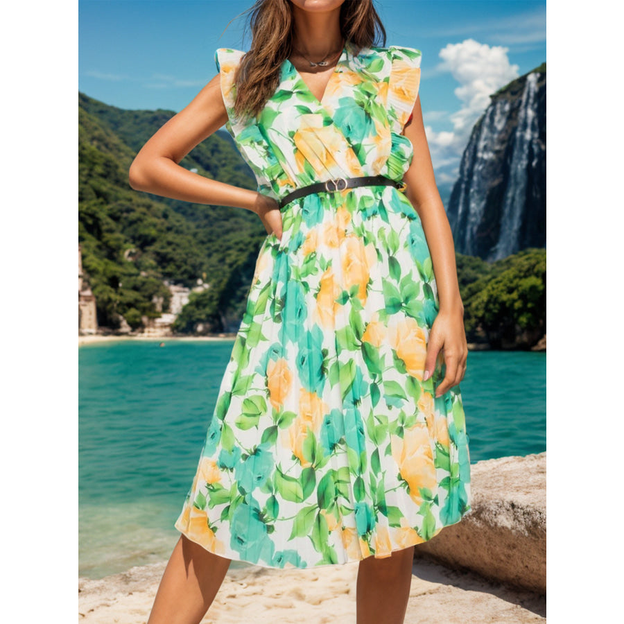 Ruffled Printed Surplice Cap Sleeve Dress Apparel and Accessories