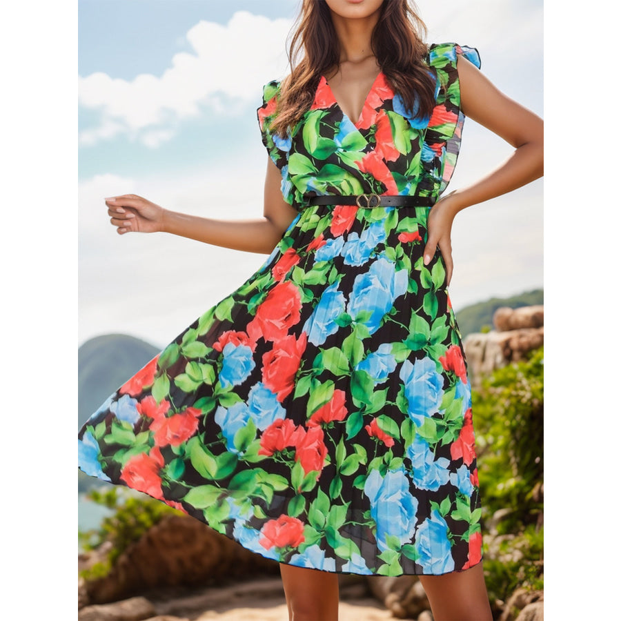 Ruffled Printed Surplice Cap Sleeve Dress Apparel and Accessories