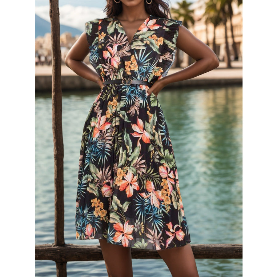 Ruffled Printed Surplice Cap Sleeve Dress Apparel and Accessories