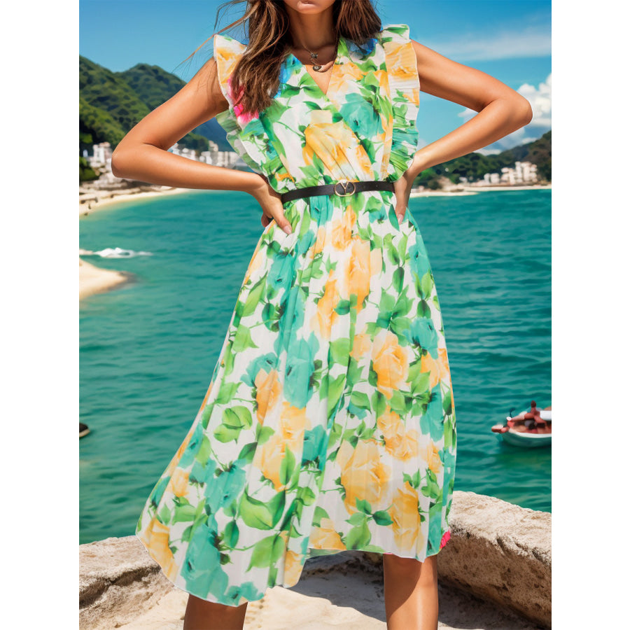 Ruffled Printed Surplice Cap Sleeve Dress Gum Leaf / S Apparel and Accessories