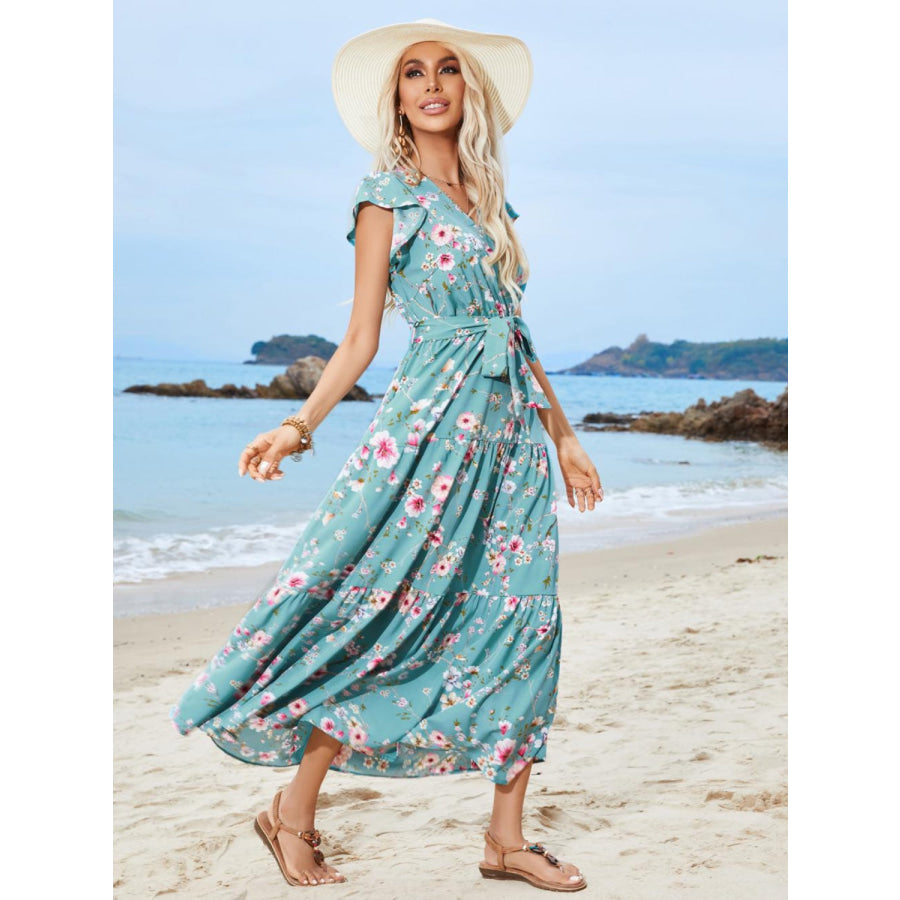 Ruffled Printed Surplice Cap Sleeve Midi Dress Apparel and Accessories