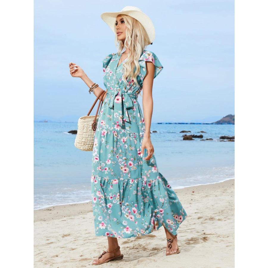 Ruffled Printed Surplice Cap Sleeve Midi Dress Apparel and Accessories