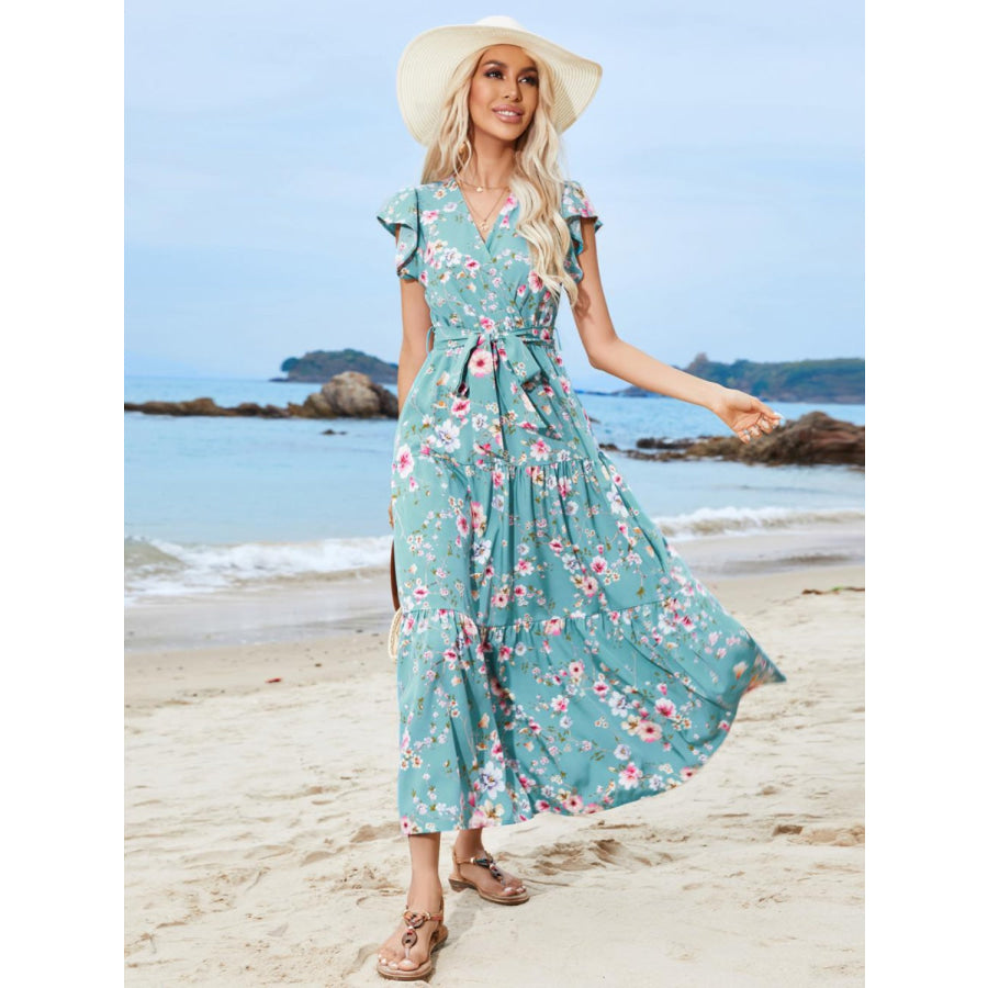 Ruffled Printed Surplice Cap Sleeve Midi Dress Apparel and Accessories