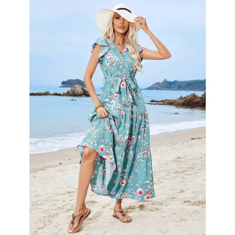 Ruffled Printed Surplice Cap Sleeve Midi Dress Apparel and Accessories