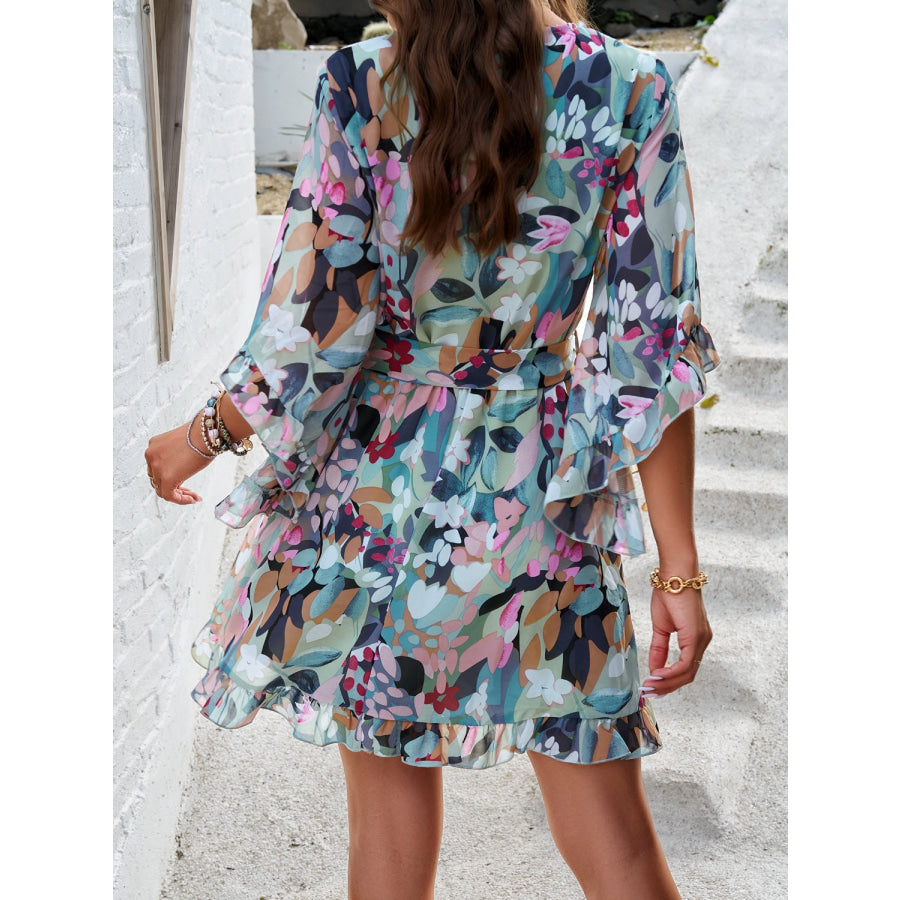 Ruffled Printed Surplice Half Sleeve Mini Dress Apparel and Accessories