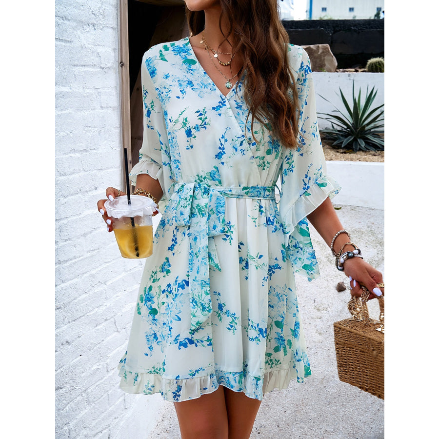 Ruffled Printed Surplice Half Sleeve Mini Dress Apparel and Accessories