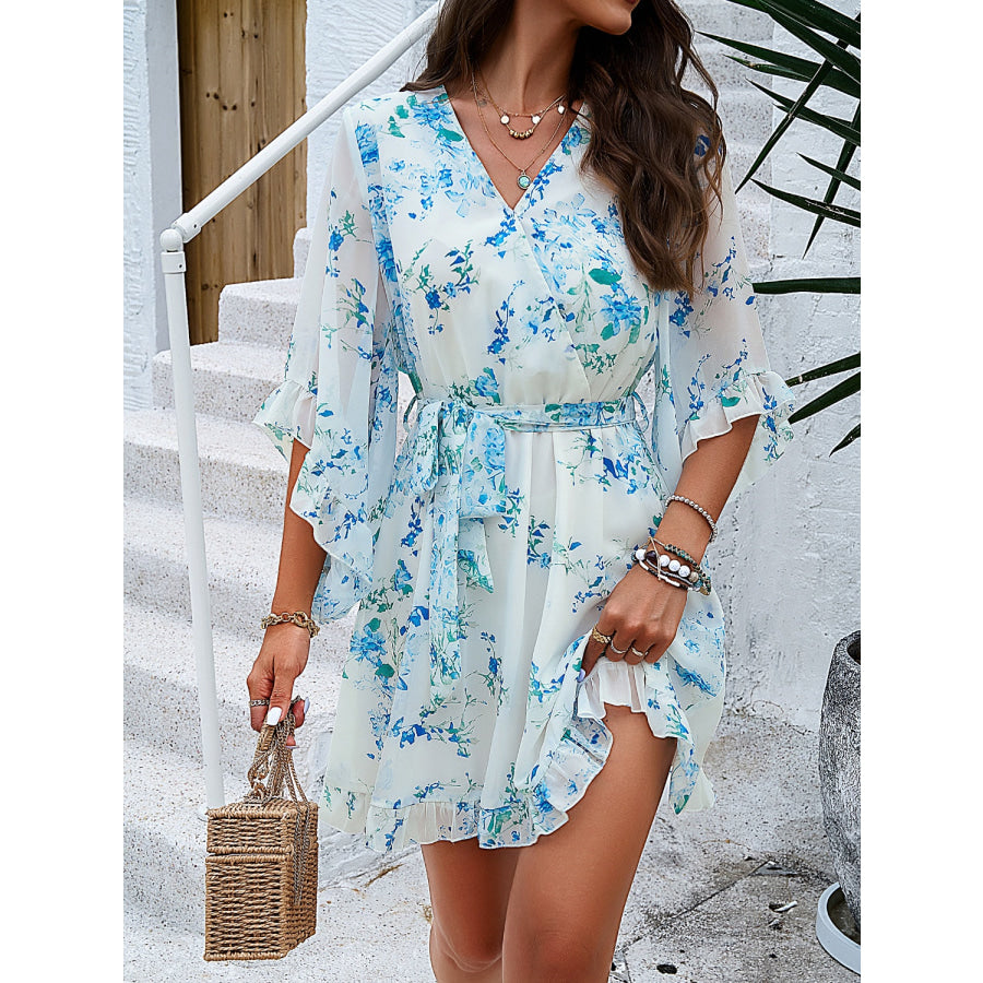 Ruffled Printed Surplice Half Sleeve Mini Dress Apparel and Accessories