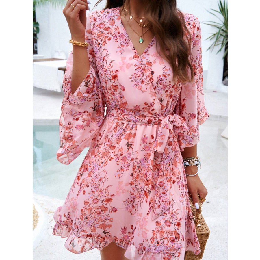 Ruffled Printed Surplice Half Sleeve Mini Dress Apparel and Accessories