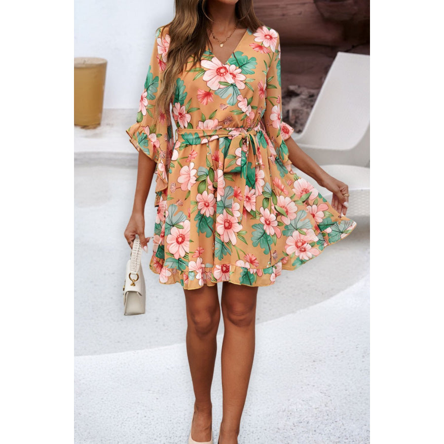 Ruffled Printed Surplice Half Sleeve Mini Dress Apparel and Accessories