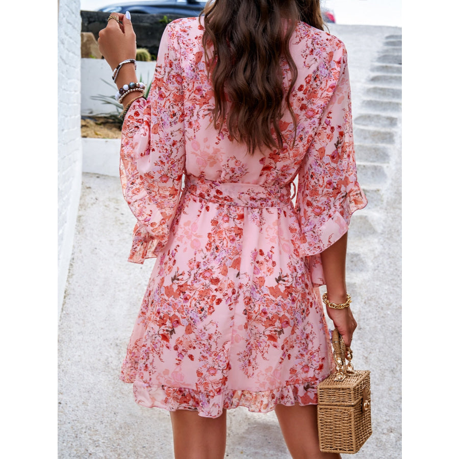 Ruffled Printed Surplice Half Sleeve Mini Dress Apparel and Accessories