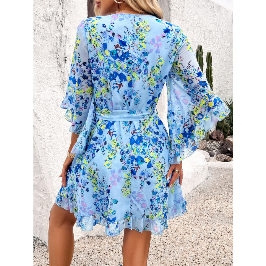 Ruffled Printed Surplice Half Sleeve Mini Dress Apparel and Accessories