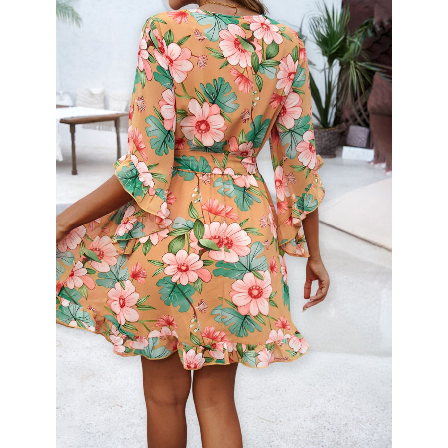 Ruffled Printed Surplice Half Sleeve Mini Dress Apparel and Accessories