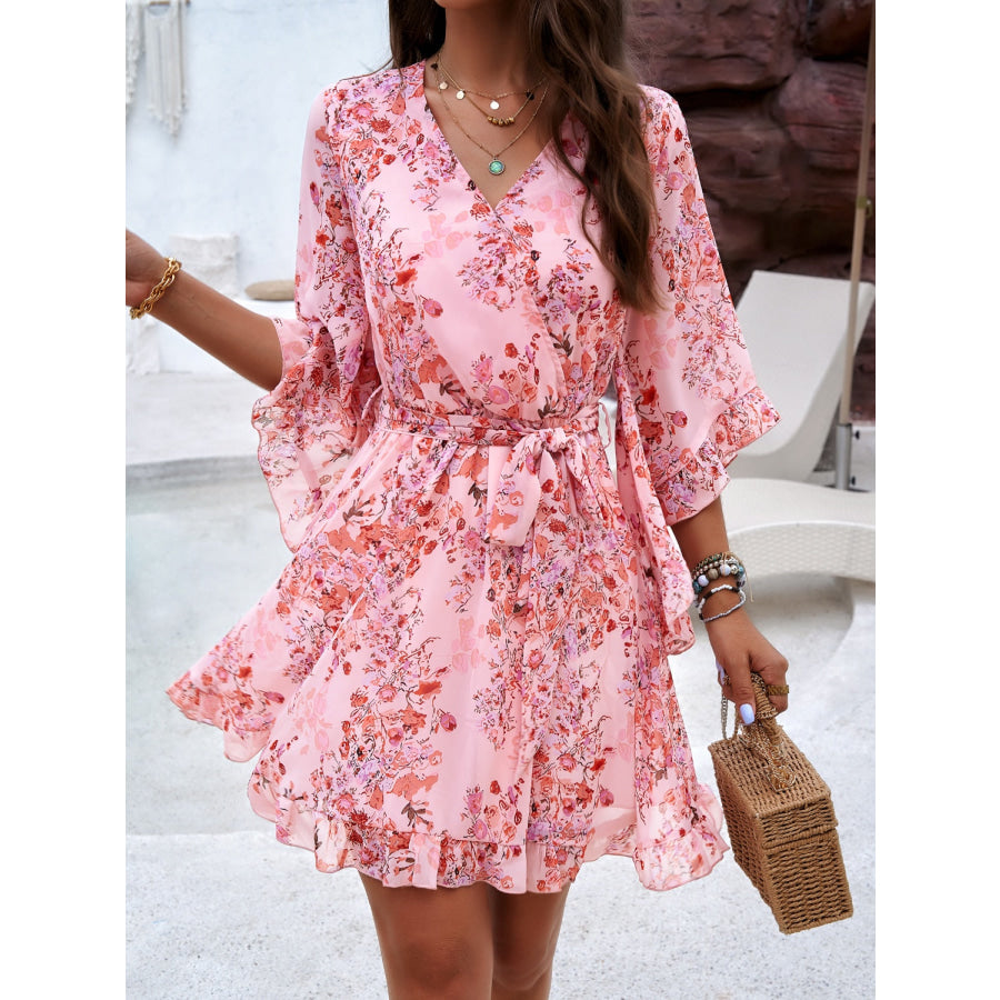 Ruffled Printed Surplice Half Sleeve Mini Dress Apparel and Accessories