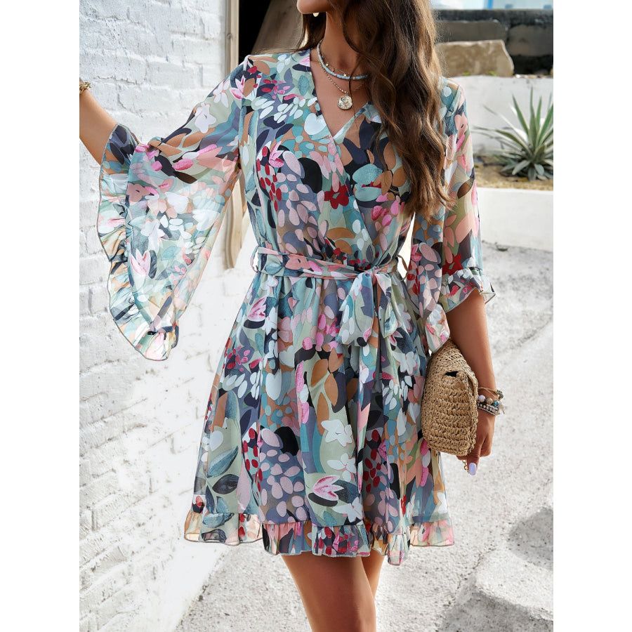 Ruffled Printed Surplice Half Sleeve Mini Dress Apparel and Accessories