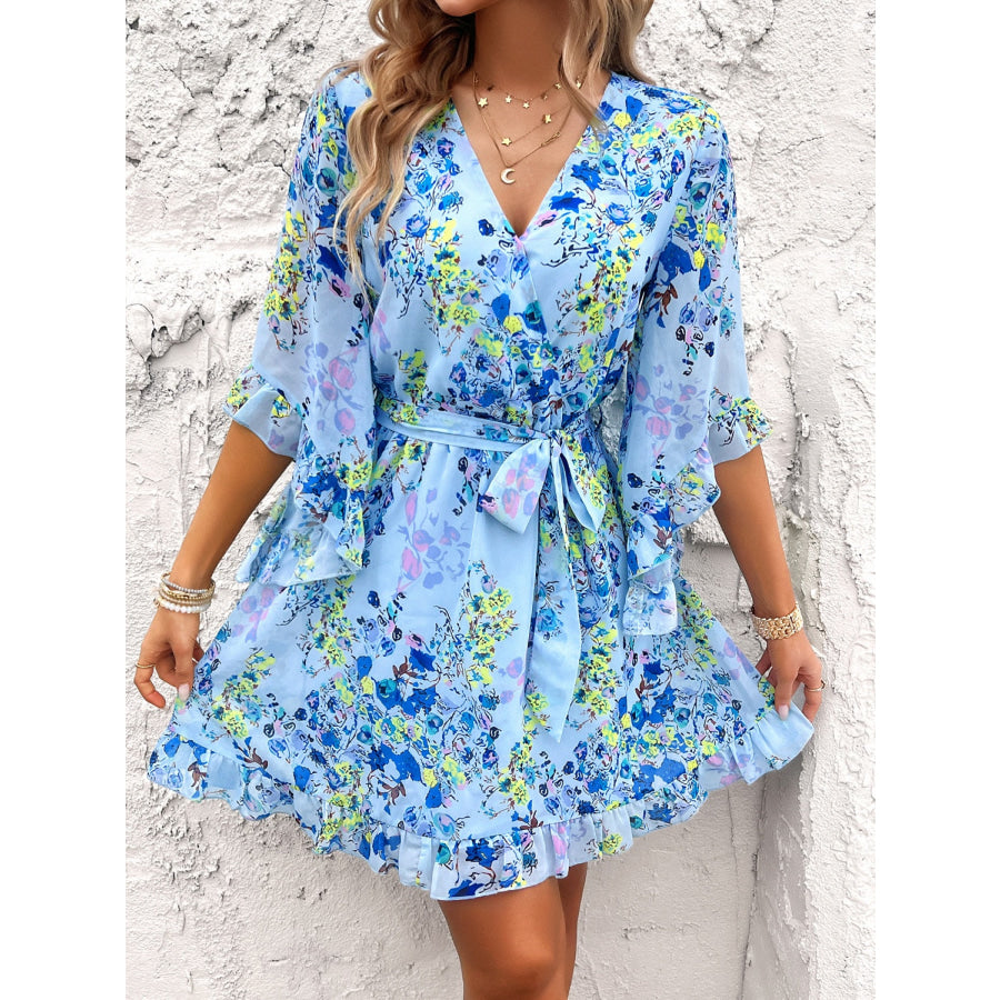 Ruffled Printed Surplice Half Sleeve Mini Dress Light Blue / S Apparel and Accessories