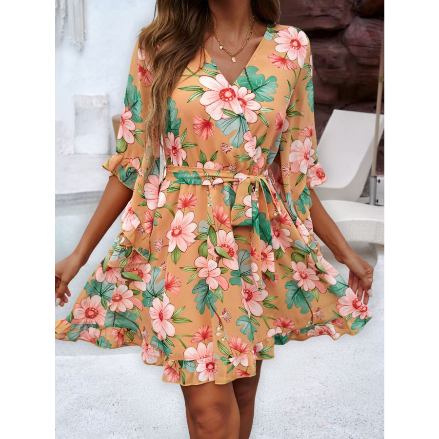 Ruffled Printed Surplice Half Sleeve Mini Dress Sherbet / S Apparel and Accessories