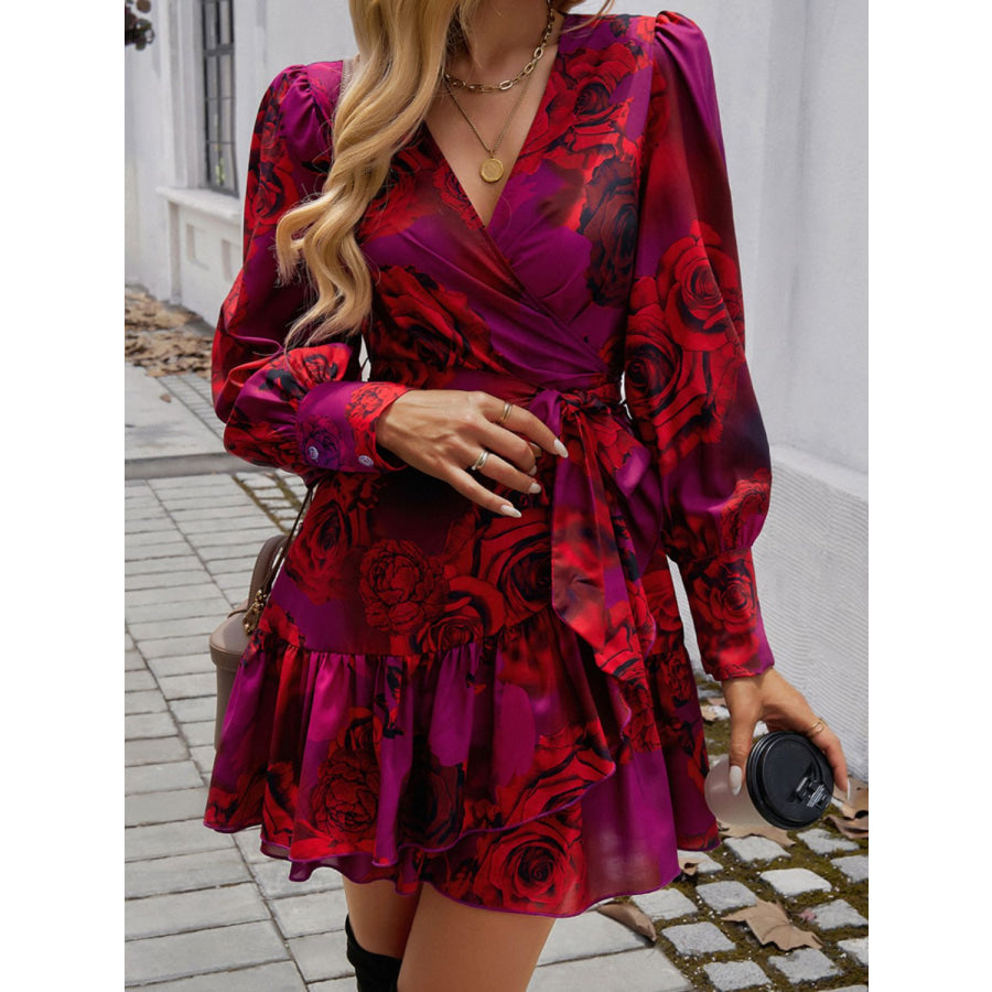 Ruffled Printed Surplice Long Sleeve Mini Dress Apparel and Accessories